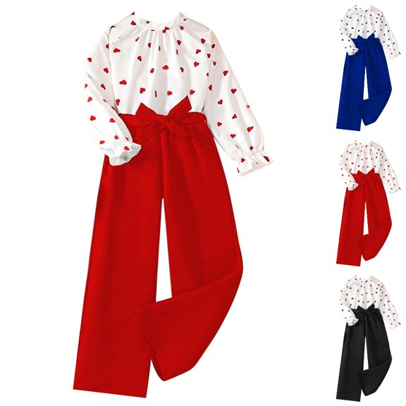 GPOECD Girls Outfits Heart Print Long Sleeve Two Piece Set Casual Kids Wear Spring Comfortable Daily Outfit Girls' Clothing Sets,Red,7-8 Years