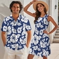 thumbnail image 3 of Uorisanigo Blue Hibiscus Couple Matching Outfit Men's Button Down Shirt Size L Summer Workwear Hawaiian Tops and Womens Sleeveless Dress A-Line Elastic Waist Beach Vacation Sundress, 3 of 8