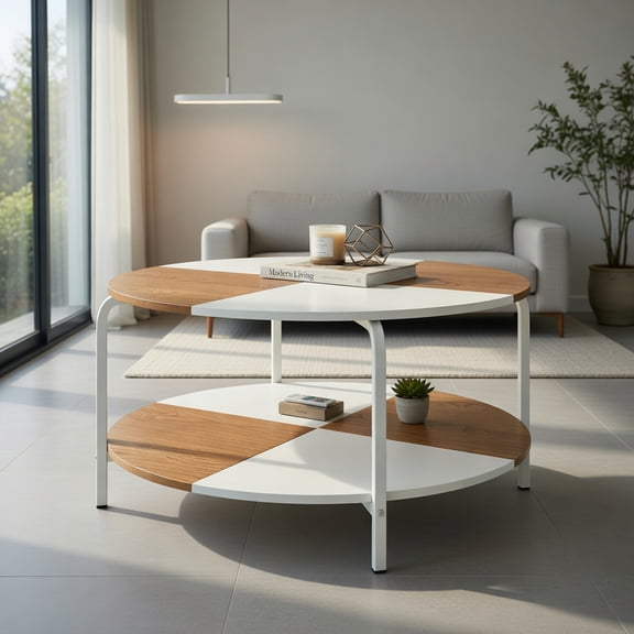 Resenkos 2-Tier Round Coffee Table with Metal Frame, Storage Shelf Center Table for Living Room, Natural and White