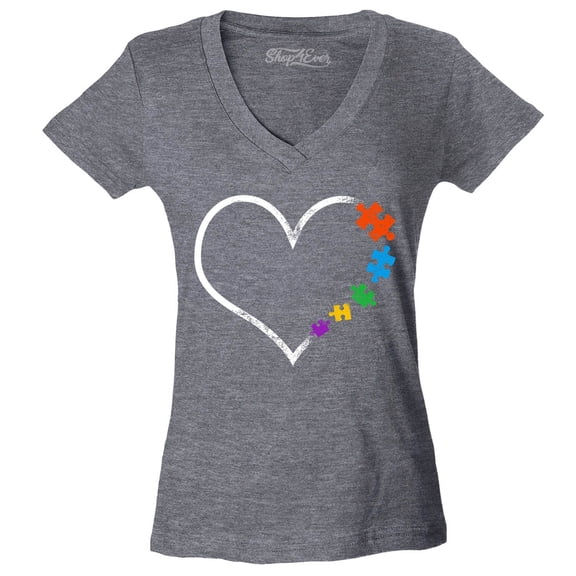 Shop4Ever Women's Autism Love Heart Puzzle Pieces Slim Fit V-Neck T-Shirt Large Heather Charcoal