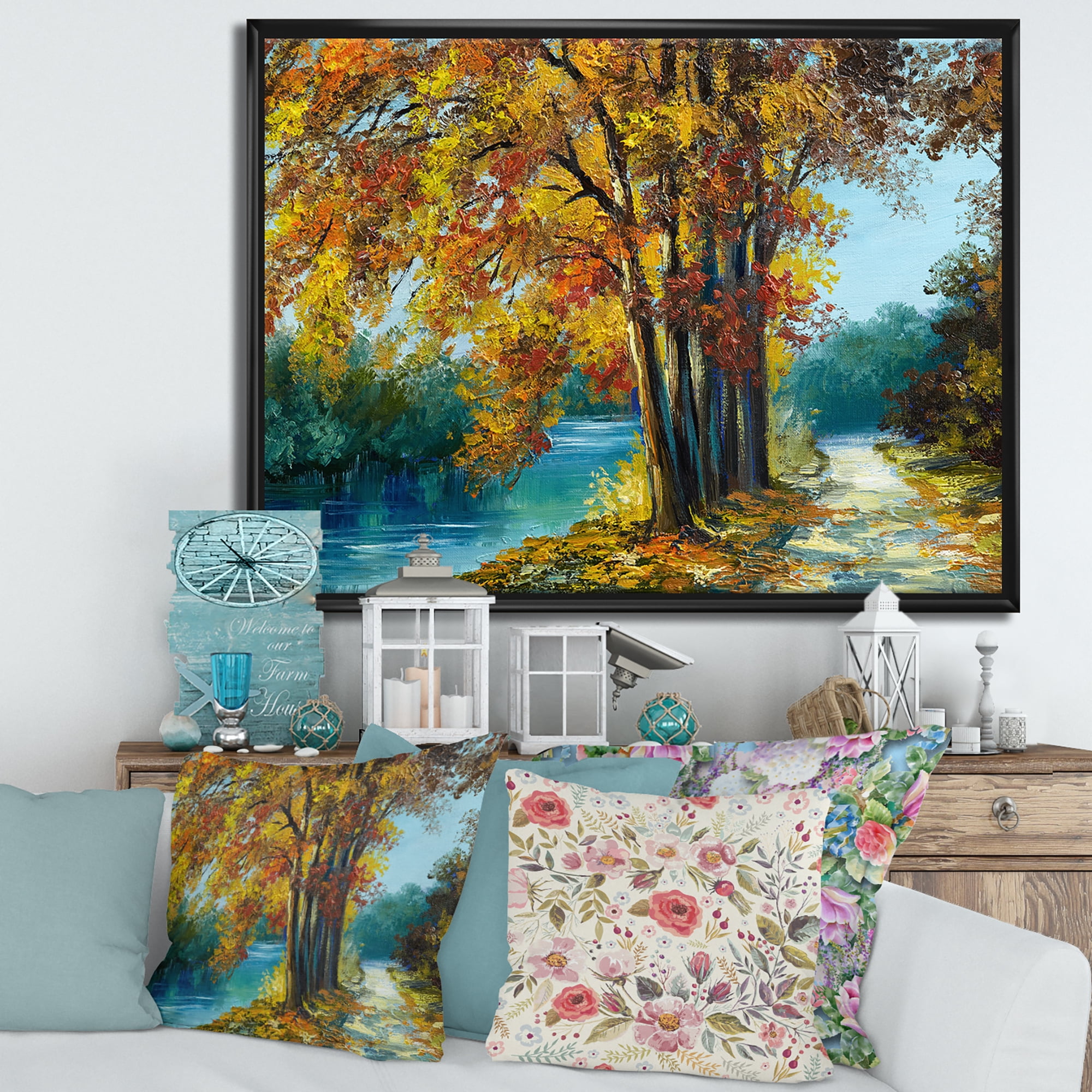 Abstract Trees In Warm Autumn Colors By Bright Blue River 32 in x 24 in Framed Painting Canvas Art Print, by Designart