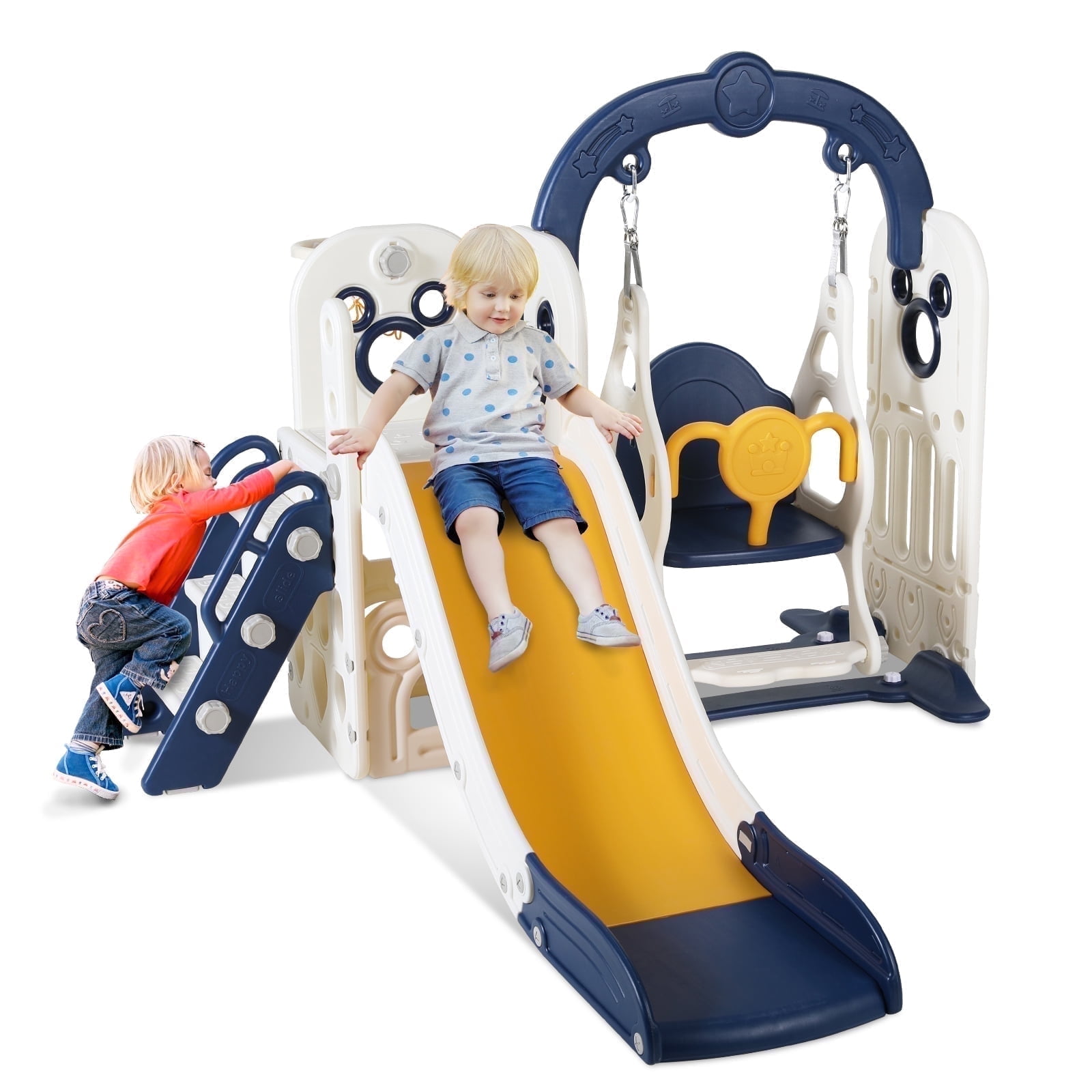 LAZY BUDDY 5-in-1 Slide and Swing Set for Toddlers, Kids Slide Climber Playset with Basketball Hoop, Indoor/Outdoor Playground