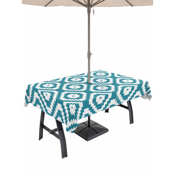 Outdoor Tablecloth with Umbrella Hole for Patio/Picnic/Party/Camping, Teal Blue Geometric Waterproof Table Cloth Rectangle Table Cover Washable, Modern Abstract Art Rhombus (52"x 70")