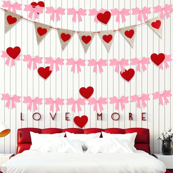 Pink Valentine Decorations Cute Felts Bow String Banners, Wall Hanging Ornament Valentine's Decorations for Wedding Party, Valentines Day Background Hanging(2pcs)