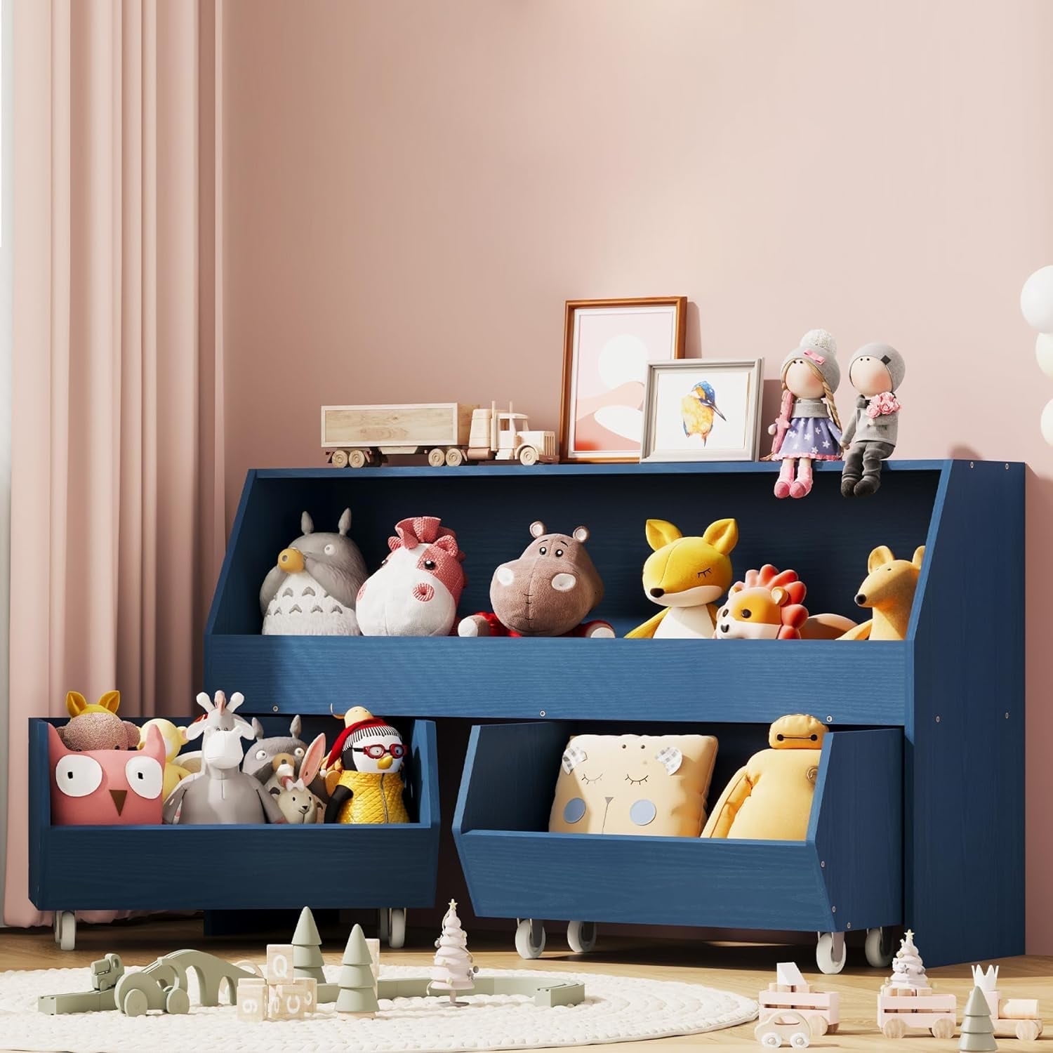 Toy Storage and Organizer  Muti-Functional Bookcase and Storage Bin with Moveable Drawers,2 Ties Storage Carbinet Dark Blue
