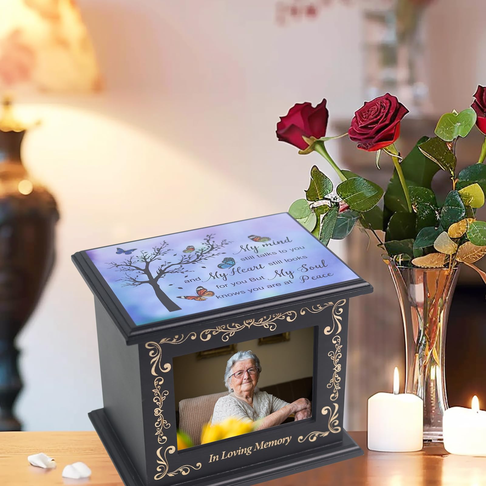 Wooden Urn Box for Ashes Cremation Urns for Human Ashes Adult Male or Female, Memorial Keepsake Urns with Photo Frame, Funeral Casket for Men Women, Burial Urn for Adults Up to 200 IBS-Tree