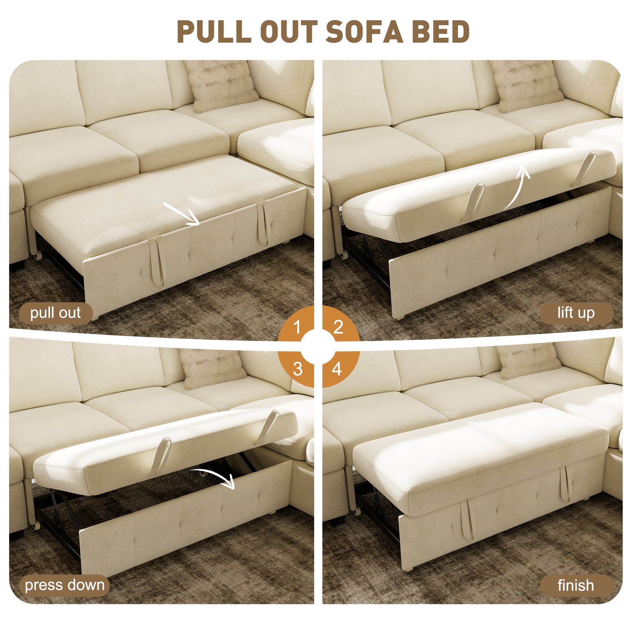 BedLuxury 110" Sectional Sleeper Sofa with Pull Out Bed, Storage Seat & USB Charging, U Shaped Modern Couch for Living Room, Chenille Beige