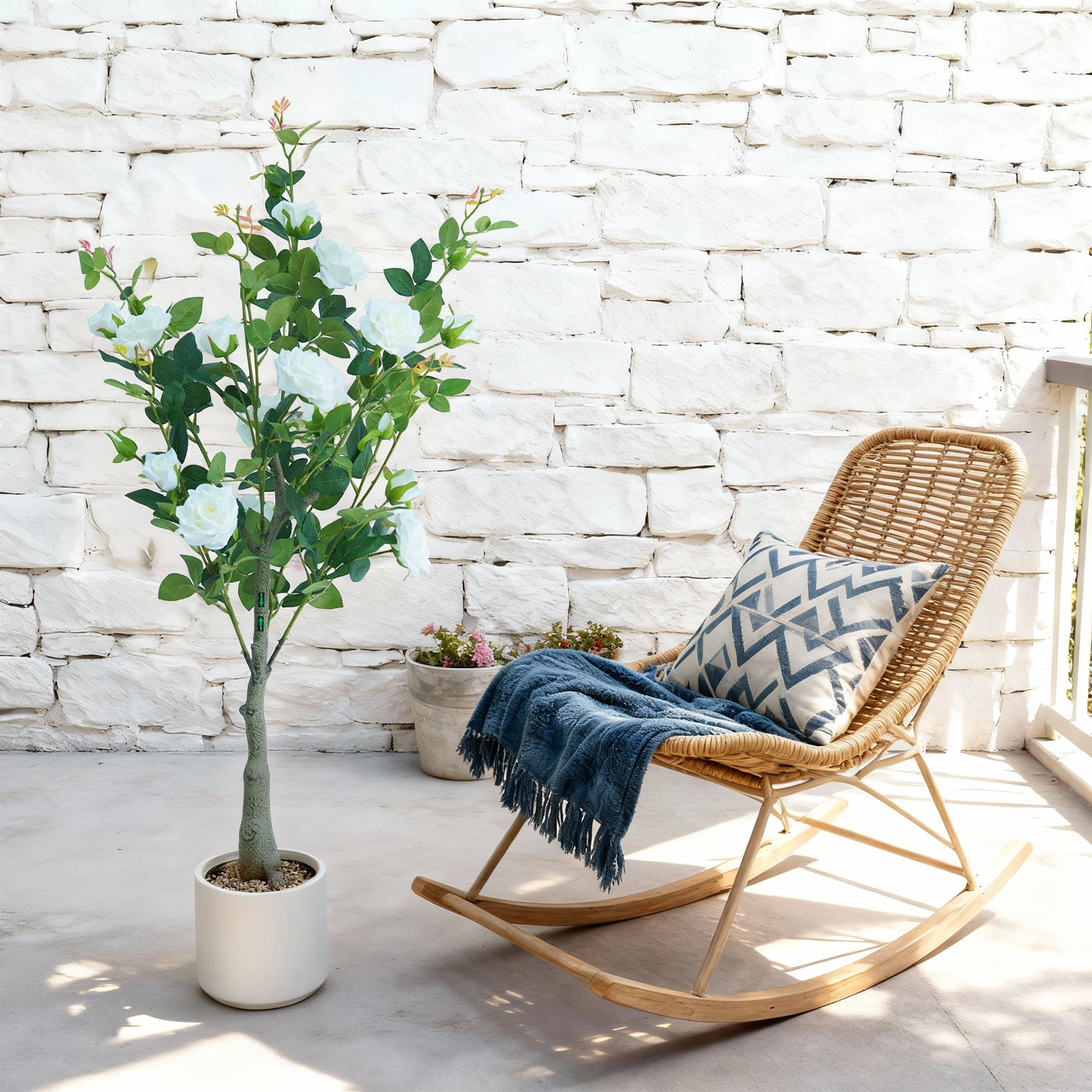Lifelike & UV Resistant Artificial Rose Tree – 120cm Faux Plant with Silk Flowers & Plastic Leaves, White Pot, Easy Maintenance, Nordic Home/Office Décor