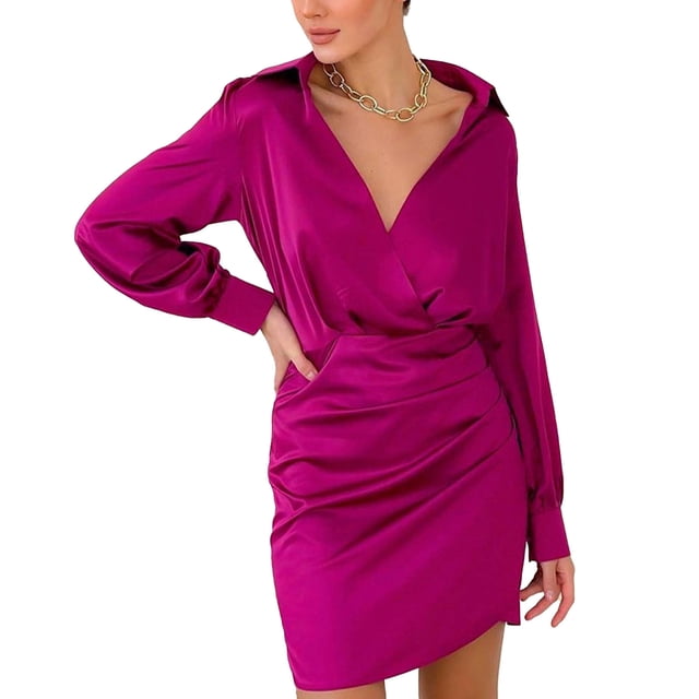 Vestido de satén con cuello en V, color puro, vestido de manga larga fruncido con cuello vuelto a la moda para citas, rojo rosa M