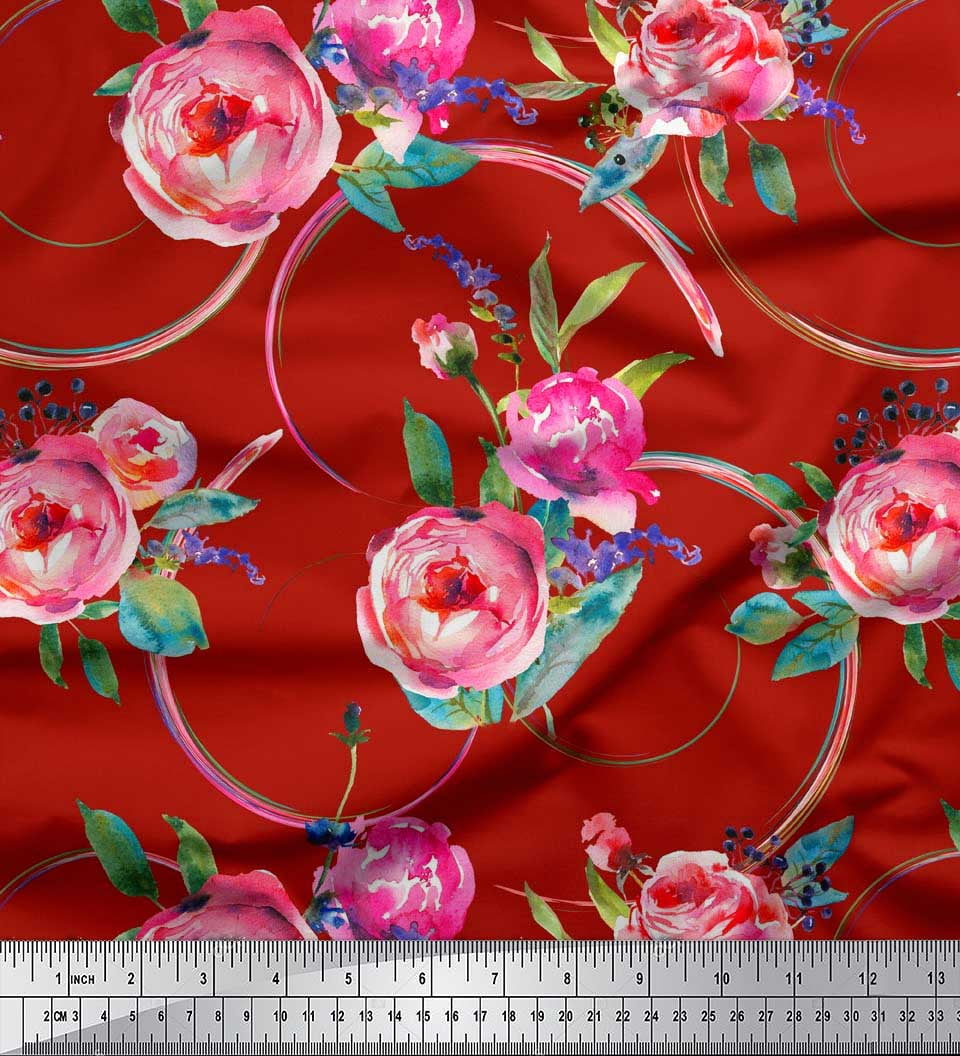 Soimoi Red Cotton Cambric Fabric Leaves & Ranunculus Floral Print Fabric by the Yard 42 Inch Wide