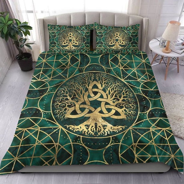 Juego de cama Vikingo Árbol de la Vida con Triquetra Juego de cama de malaquita y oro