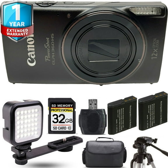 Canon PowerShot ELPH 360 Camera (Black)    Extra Battery   LED  1 Yr Warranty (International Version)