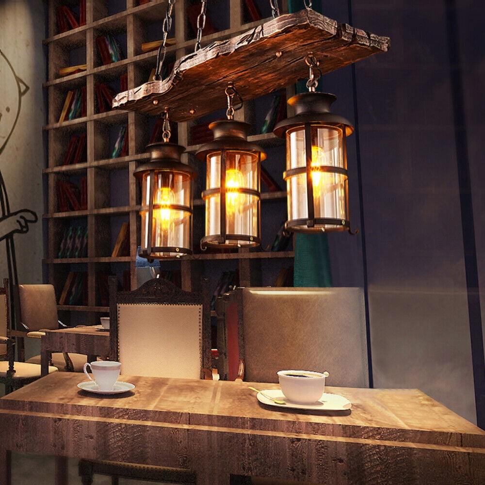 Antique Retro 3-Light Chandelier, Wood & Iron Pendant Light, Rustic Ceiling Light for Home, Bar, Restaurant, Café, Vintage Lighting Fixture