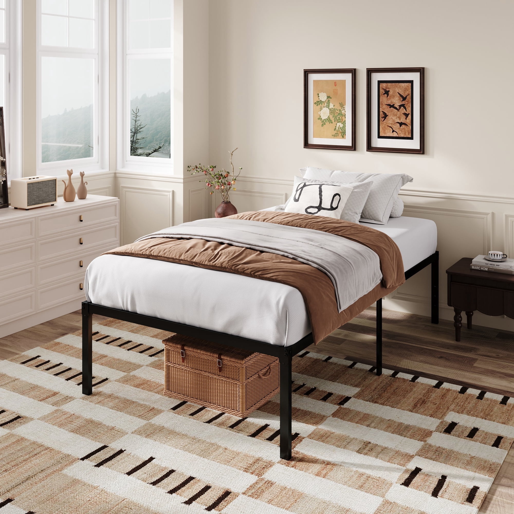Amolife Heavy Duty Twin Size 18'' Metal Platform Bed Frame with Ample Under Bed Storage Space, Black
