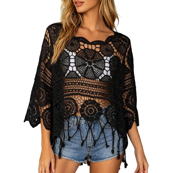 Women's Plain Fringe Trim Cut Out Sheer Cover Up, Boho Scallop Trim Sarong 3/4 Sleeve One Size for Vacation Poolside