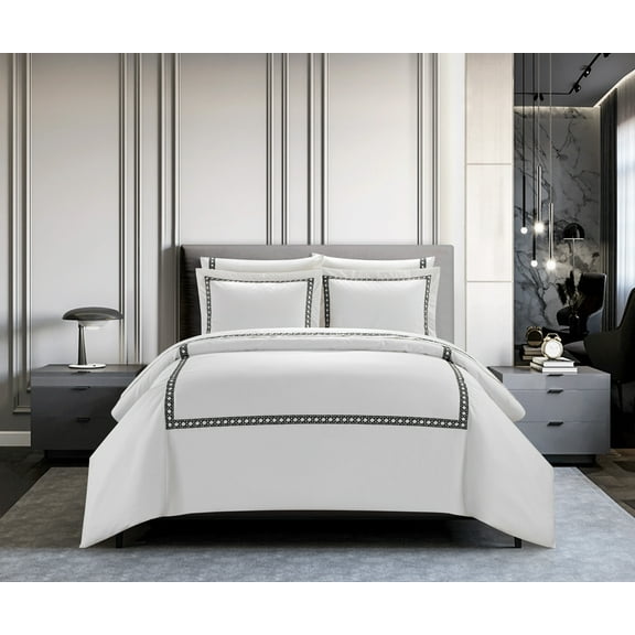 Chic Home Lewiston 3 Piece Cotton Blend Duvet Cover 1500 Thread Count Set Solid White With Embroidered Lattice Stitching Details Bedding – Includes Two Pillow Shams, Queen, Black