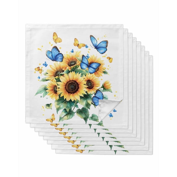 Sunflower Butterfly Cloth Napkins Washable Set of 8, Yellow Blue Spring Pastoral Plant Reusable Dinner Table Napkins Cloth Bulk for Weddings Kitchen Restaurants Hotel Events Parties 20 x 20 Inch