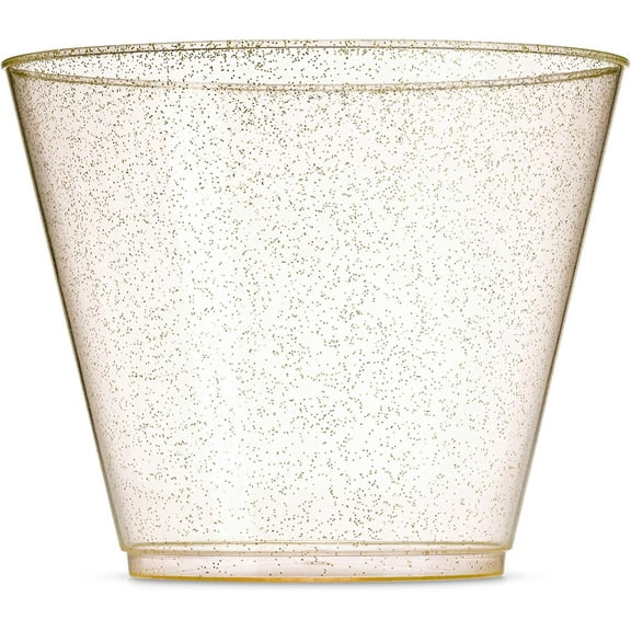 100 9 Oz Clear Plastic Cups, Old Fashioned Tumblers, Fancy Disposable Wedding Cups, Elegant Party Cups with Gold Rim