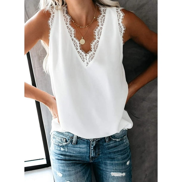 Plus Size Lace Shirt for Women Summer Strappy Trim Camisole Tank Tops Lady  Teen Girls Juniors V Neck Cute Loose Sleeveless Blouse White M 