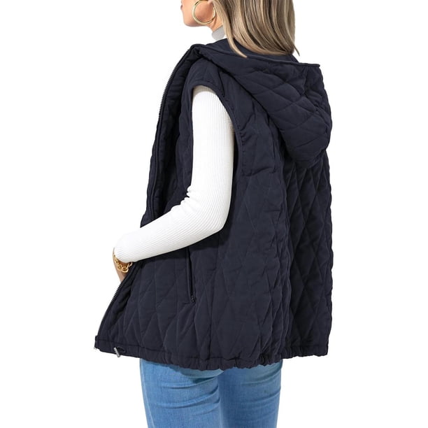 Puntoco Chaqueta Informal Con Capucha Y Bolsillo Con Cordón Para Mujer, Sin Mangas, Con Cremallera, De Algodón, De Color Liso, A La Moda