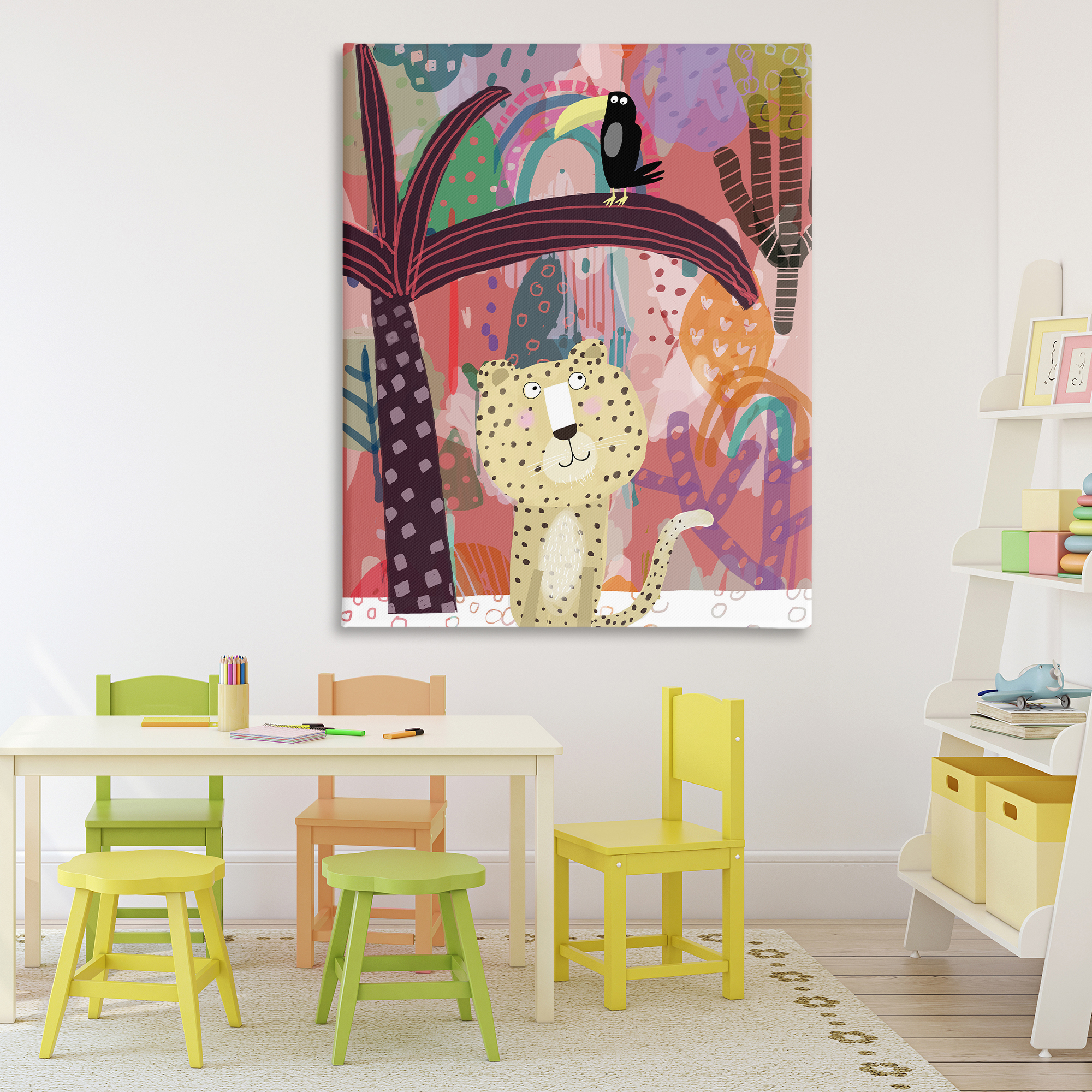 Whimsical Cheetah & Toucan Canvas Wall Art, design by Carla Daly