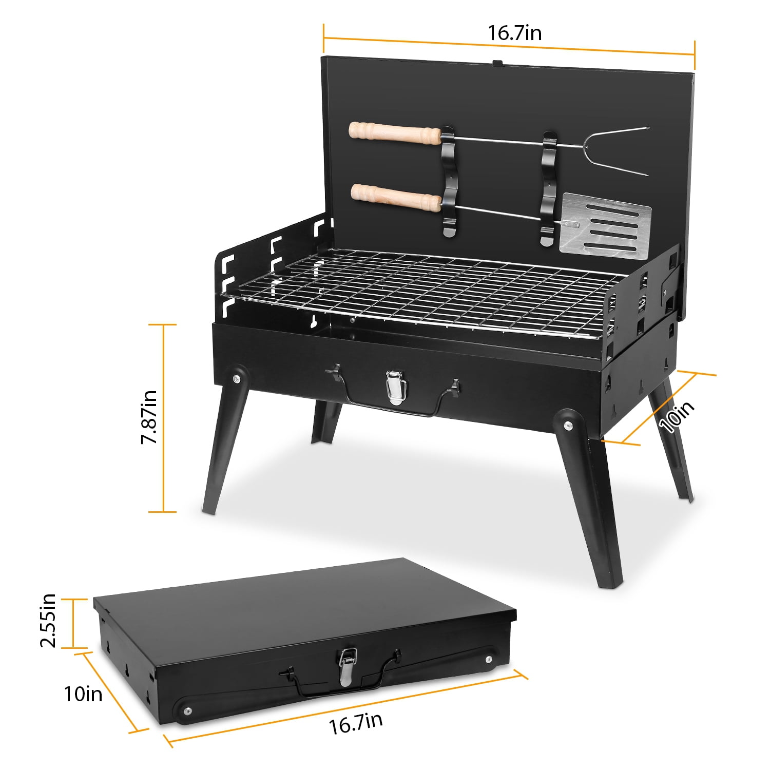 Foldable Charcoal BBQ Grill, 3 Adjustable Height Outdoor Barbecue Rack with Wind Shield & Tool Storage, for Camping Picnic Backyard Party Cooking