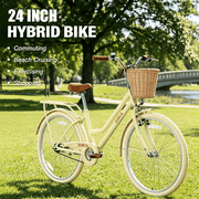 POVANLI 24 City Bike for 8-12 Years Old, Steel Frame Bike,Women Bike with Basket Yellow
