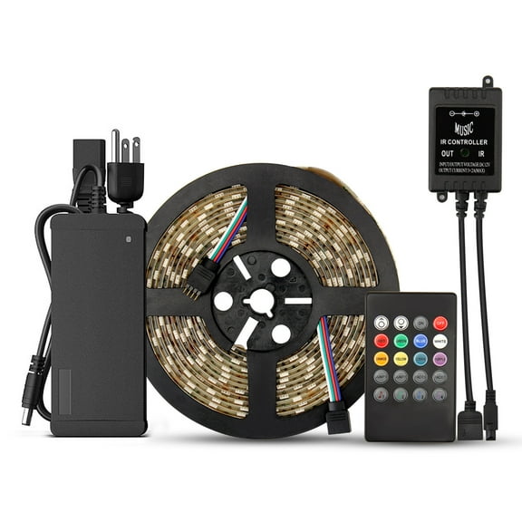 SUPERNIGHT Flexible 5M 60Leds/m RGB 16.4ft 300LEDs SMD 5050 Black PCB LED Strip Light IP65 Waterproof   4-Pin 20Keys IR Music Controller   DC 12V Power Supply