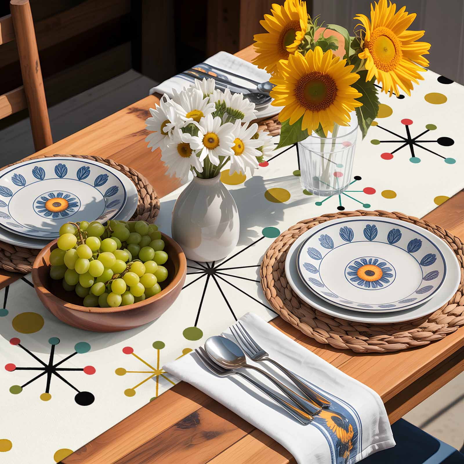 Mid Century Abstract Geometric Table Runner 90 Inches Long, Modern Colorful Atomic Table Runners Tabletop Scarf Kitchen Dining Tables Decoration for Home Party Indoor Outdoor