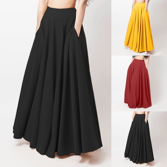 Hpapadks High Waisted Skirts for Women Loose Casual Long Solid Pleated Elastic Waist Skirt Black L
