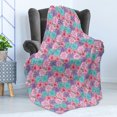 thumbnail image 4 of Dahlia Soft Flannel Fleece Throw Blanket, Aster Chrysanthemum Colorful Blooms over Horizontal Striped Minimalist Background, Cozy Plush for Indoor and Outdoor Use, 60" x 80", Multicolor, by Ambesonne, 4 of 5