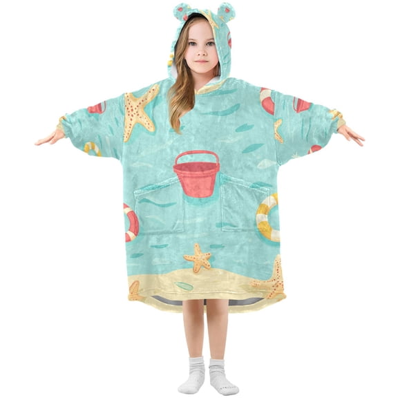 FORMRS Wearable Blanket Hoodie with Sleeves for Kids Cozy Flannel Sweatshirt, Blue Beach Pattern