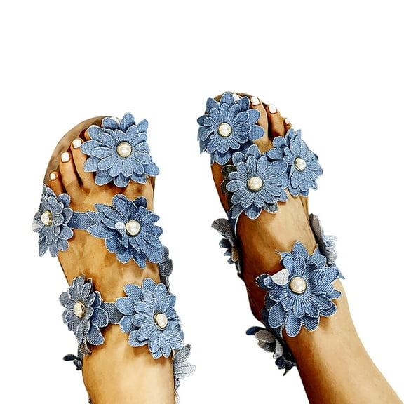 Honeeladyy Clearance under 5$ Summer Women's New Open Toe Lightweight Sunflower Three-Dimensional Flower Pearl Flat Sandals