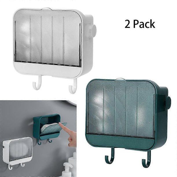 2 Pieces Soap Dish, Each Soap Dish with 2 Hooks and Drain Tray (White, Green), Wall Mounted No Drilling Soap Dish, Strong Soap Dish for Bathroom and K