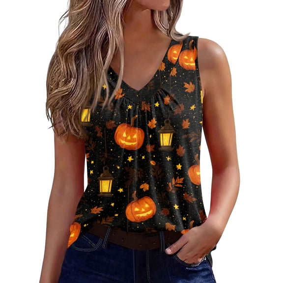 Bovemsi Athletic Tank Tops for Women V Neck Pumpkin Graphic Sleeveless, Halloween Layering Comfort Tops for Women Trendy L