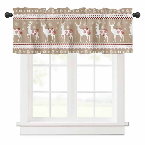 Christmas Reindeer Valances for Windows Red Snowflakes Geometric Brown Vintage Rod Pocket Curtain Valance Window Treatment Short Curtains for Kitchen Living Room, 60"x14"