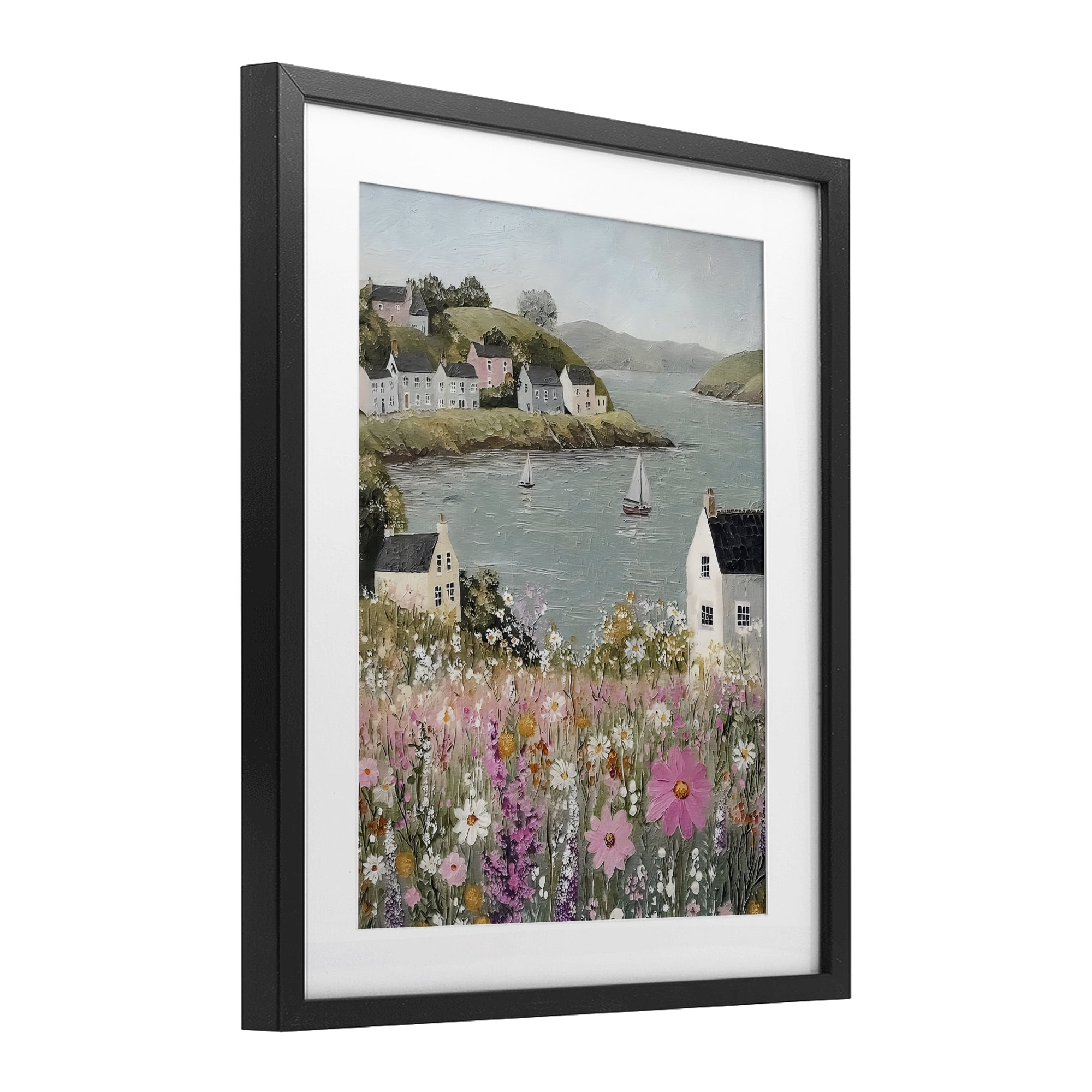 Stupell Industries Seaside Cottages & Sailboats Black Framed Print Under Glass, design by Riley B