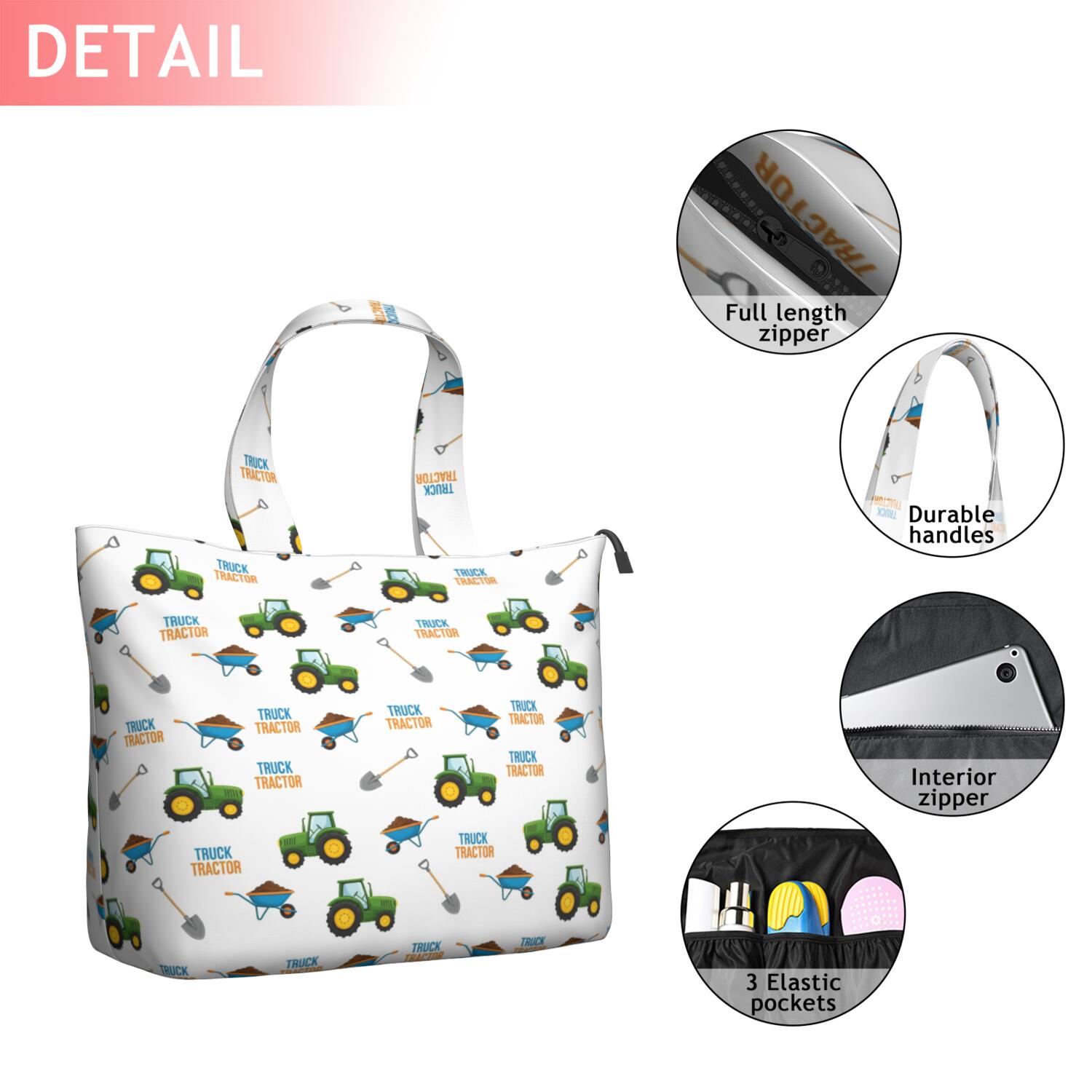 Cartoon Tractors Wheelbarrows White Pattern Travel Tote Bags for Women Carry On,Large Weekender Bags for Women Travel,Multi Functional Duffle Bag for Work,Shopping,Sports