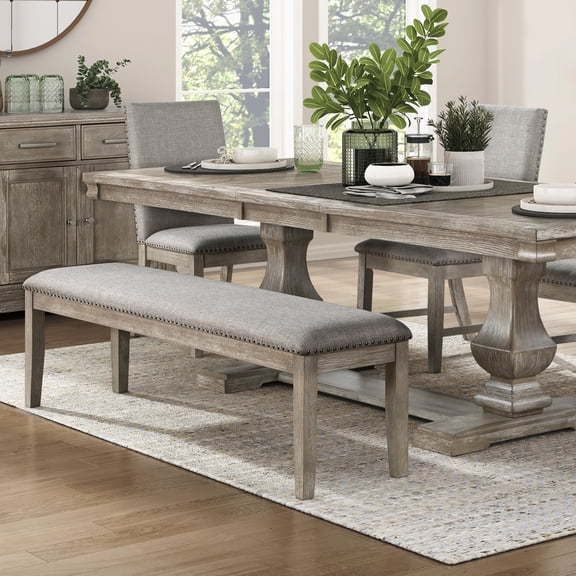 Xukmct Upholstered Seat Bench with Wood Frame, Fabric Dining Bench for Living Room, Dining Room, Brown   Gray