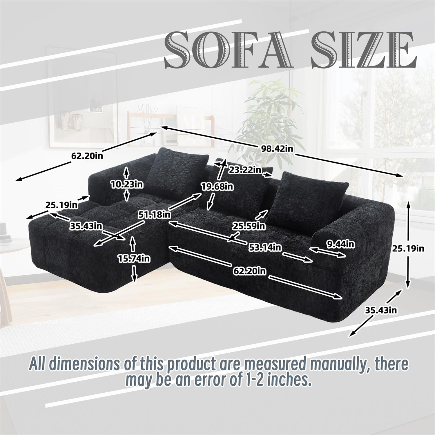 Demi Bonn 98" L-Shaped Modular Sectional Sofa with Chaise, Side Pockets, Modern Comfort Couch, Compression-Free Installation for Living Room, Black