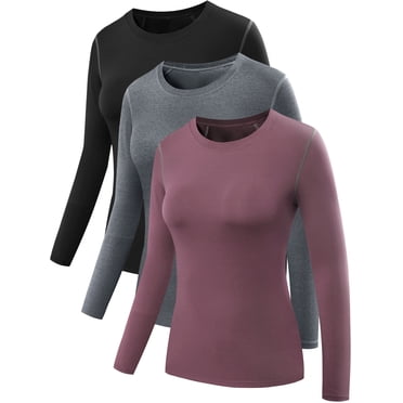 NELEUS Womens Compression T Shirt Athletic Running Dry Fit Long Sleeve 3 Pack,Black Gray Rosy Brown,US Size XL