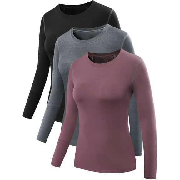 NELEUS Womens Compression T Shirt Athletic Running Dry Fit Long Sleeve 3 Pack,Black Gray Rosy Brown,US Size XL