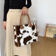 thumbnail image 6 of Yucurem Retro Animal Pattern Print Leather Plush Handbag, Winter Large Tote Bags for Travel Commuting (Brown Cow), 6 of 10