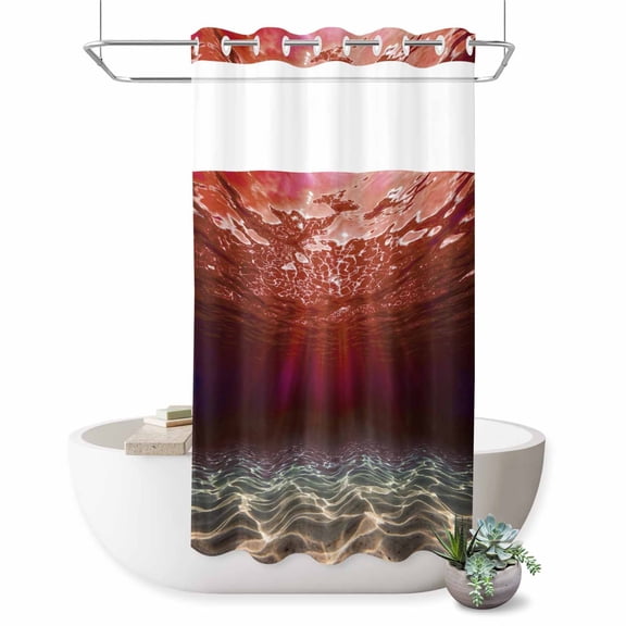 No Hook Shower Curtain, Red Ocean Waves Shower Curtains for Bathroom with See Through Top Window, Summer Beach Coastal Abstract Waterproof & Washable Bath Curtain Stand Up Stall 36"x72"
