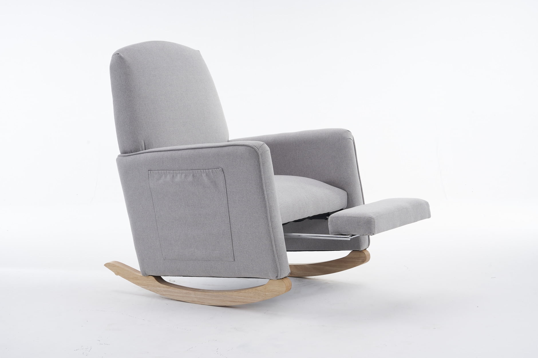 Cotton Linen Fabric Nursery Rocking Chair With Adjustable Footrest, Upholstered Glider Armchair with Safe Solid Wood Base and Side Pocket for Living Room Bedroom (Light Gray)