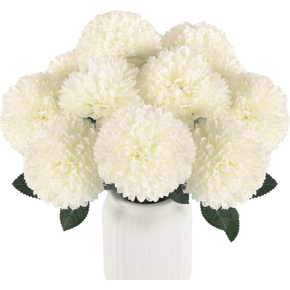 12 Pcs Artificial Chrysanthemums Flowers Ball Flower, Fake Mums Flowers White Silk Flowers for Spring Home Decor Indoor Floral Arrangement Table Centerpiece (12, White)