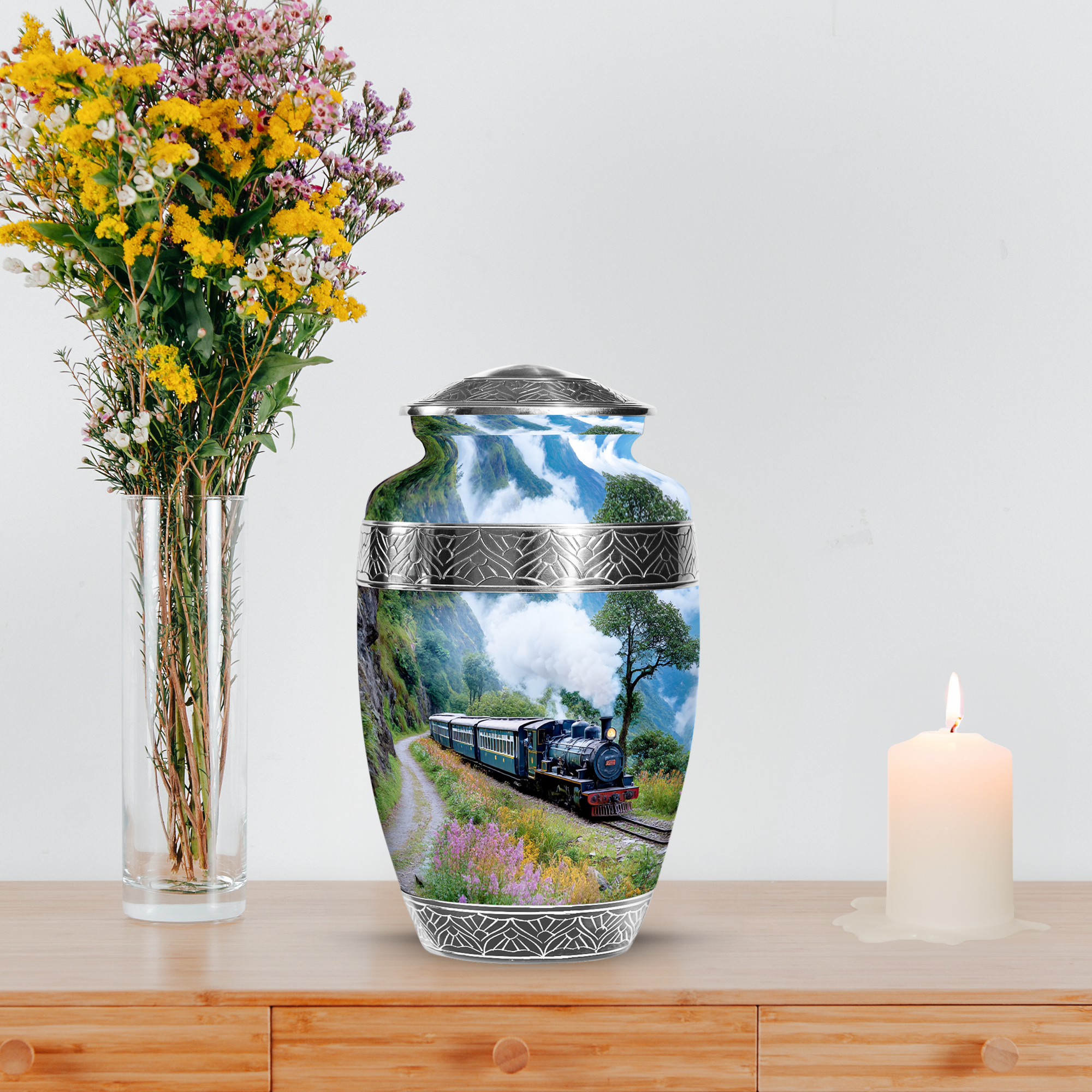 MUKTIVE Train Burial Urns for Adult, Funeral Mountain Urns for Human Ashes Adult Male & Female, Decorative Pink Flower Cremation Gift Urn, Large Memorial Urn for Ashes for Mom & Dad, 10 Inch (Grey)
