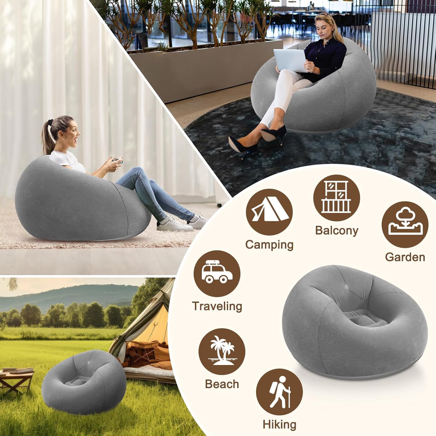 Inflatable Bean Bag Chairs for Adult Blow up Chairs Lazy Sofa Folding Portable Inflatable Chair for Movie Outdoor Room Bedroom Reading Camping(Grey)