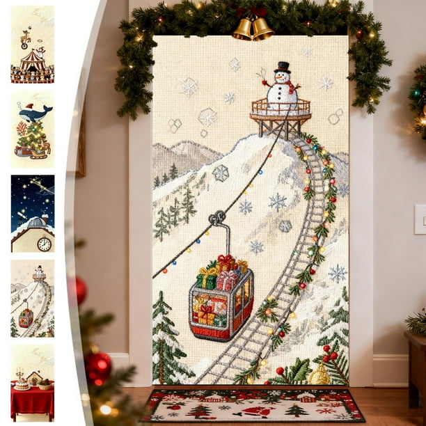 Cubrepuertas bordado estereoscópicamente, cortina navideña para puerta, decoración festiva de pared, decoración para fiestas navideñas, fácil instalación, diseño plegable, tela de algodón,
