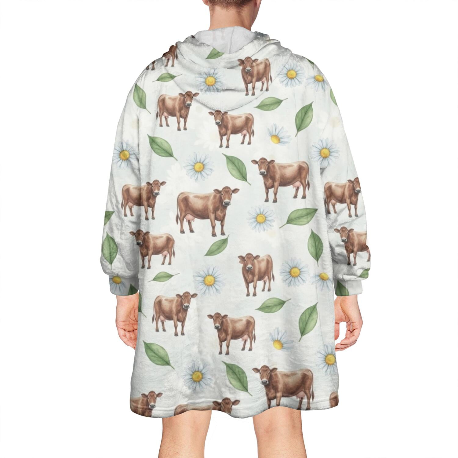 Green Cow Daisy Leaf Pattern Wearable Oversized Blanket,Wearable Blanket Hoodie for Adults,Cozy Hooded Blankets with Super Pockets,Super Warm Fuzzy Pullover for Women & Men